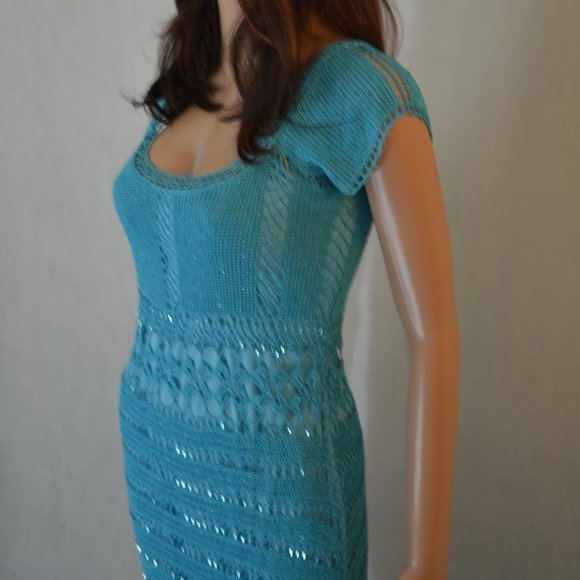 CACH'E ( BEAUTIFUL ) TURQUOISE  NET DRESS SIZE  M - Picture 2 of 9